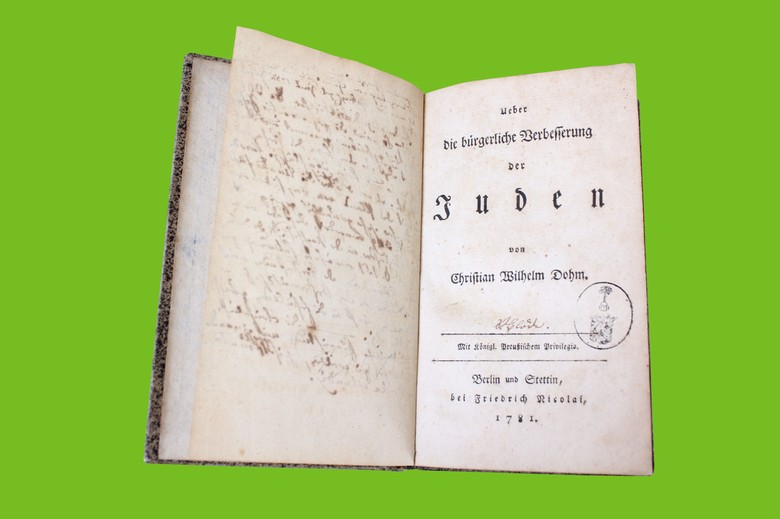 Aufgeschlagene Seite aus: Christian Wilhelm Dohm, Über die bürgerliche Verbesserung der Juden, Berlin 1781