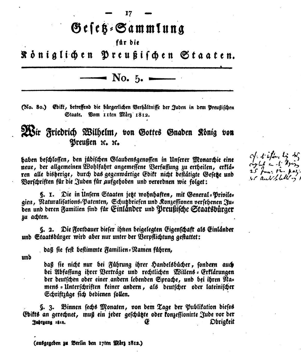 Seite aus dem „Edikt betreffend die bürgerlichen Verhältnisse der Juden in dem Preußischen Staate“ von 1812.