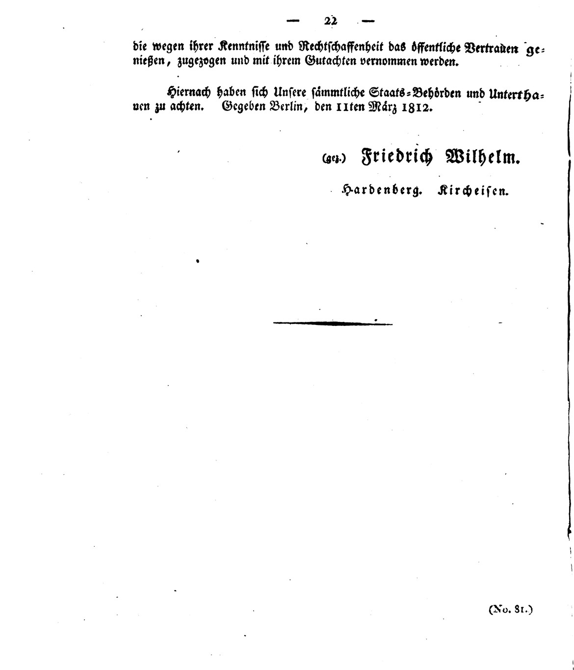 Seite aus dem „Edikt betreffend die bürgerlichen Verhältnisse der Juden in dem Preußischen Staate“ von 1812.