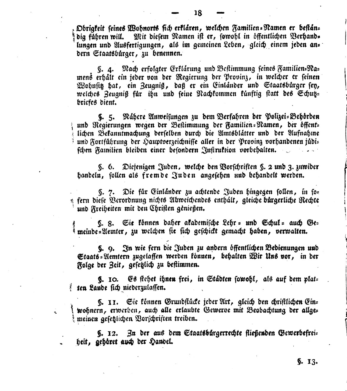 Seite aus dem „Edikt betreffend die bürgerlichen Verhältnisse der Juden in dem Preußischen Staate“ von 1812.