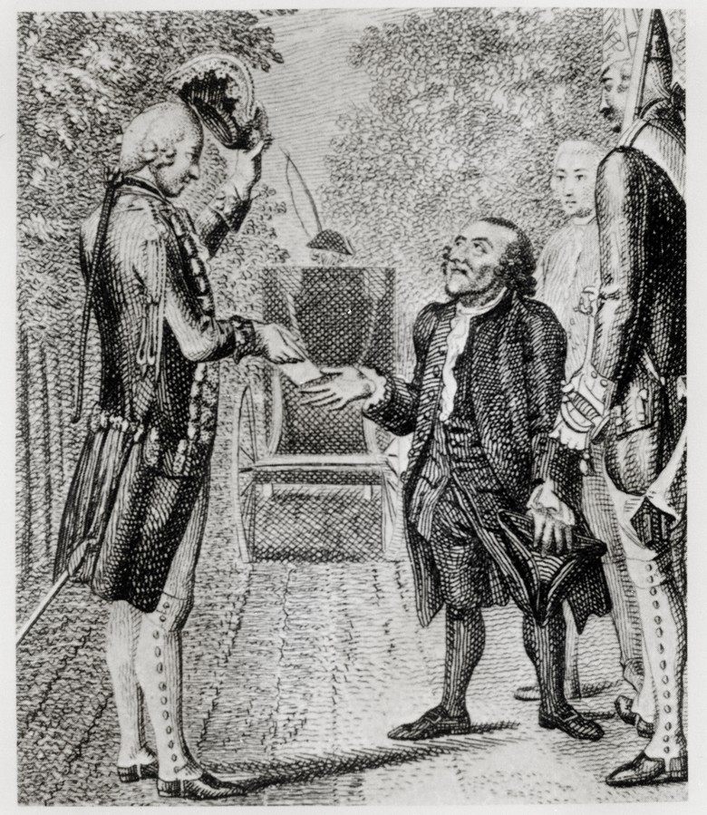 Moses Mendelssohns Examen am Berliner Thor zu Potzdam,1792, Kupferstich nach Chodowiecki, akg-images.