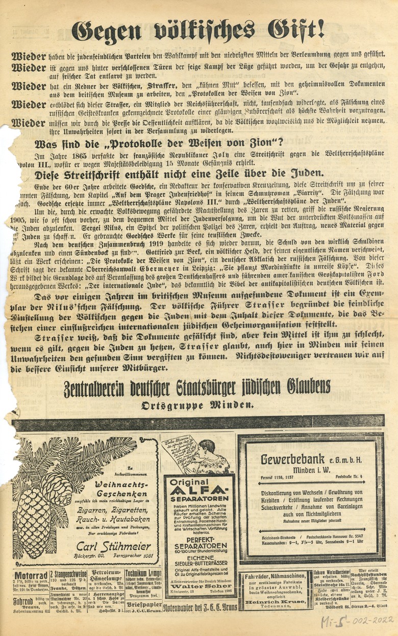 Inserat des Centralvereins deutscher Staatsbürger jüdischen Glaubens. Ortgruppe Minden, Mindener Tageblatt, 6. Dezember 1924.